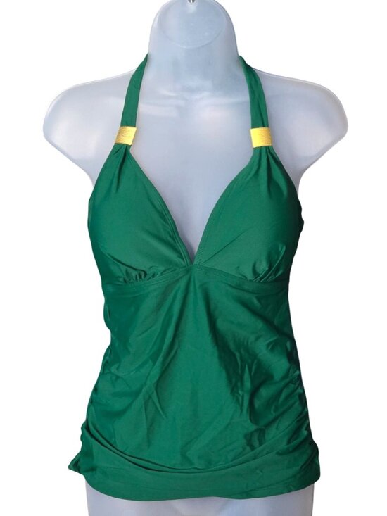 B2Prity Other - Green Halter Tankini Top Med Gold Accents Ruched Lined Built In Cups